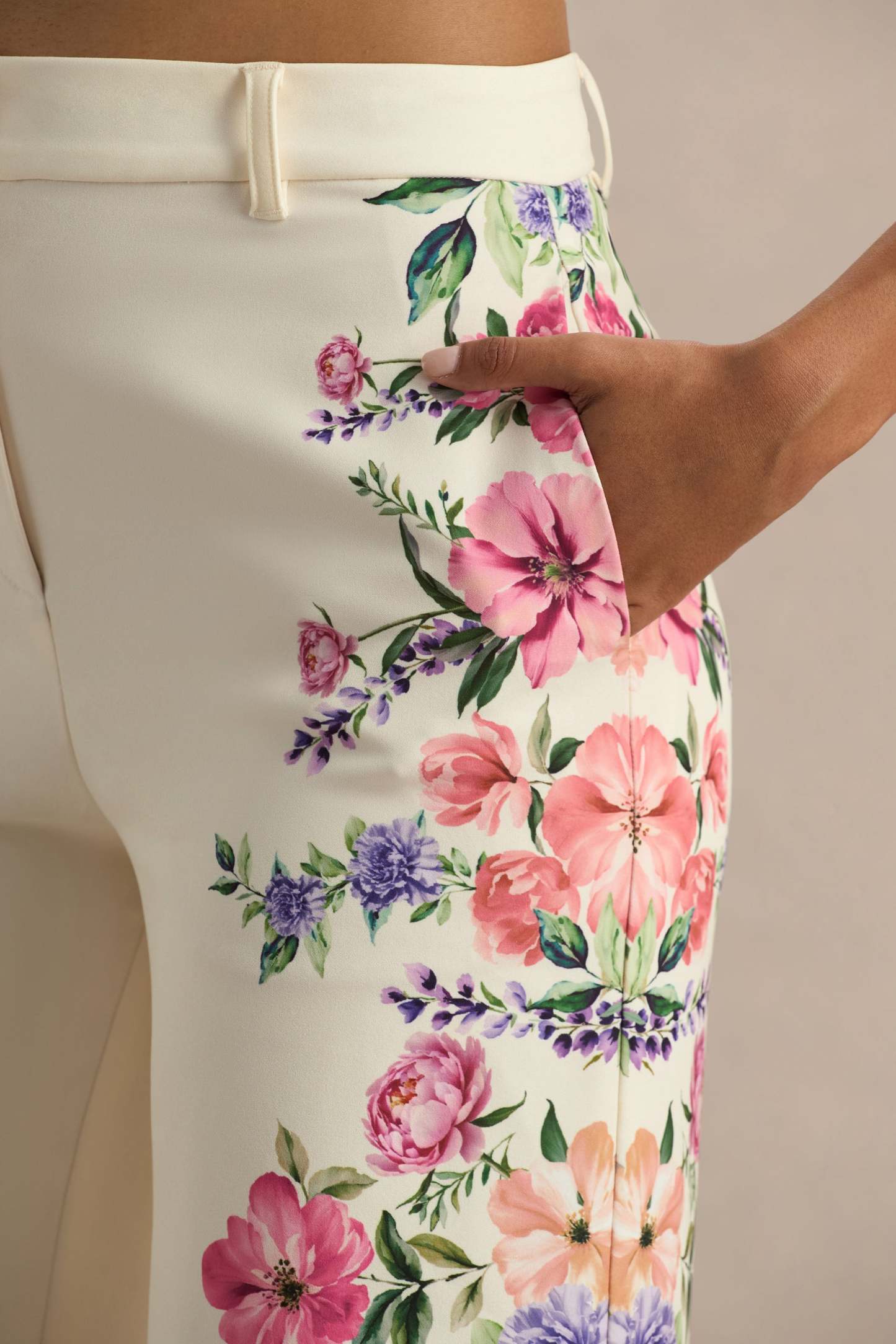 White Floral Border Print Wide-Leg Trousers