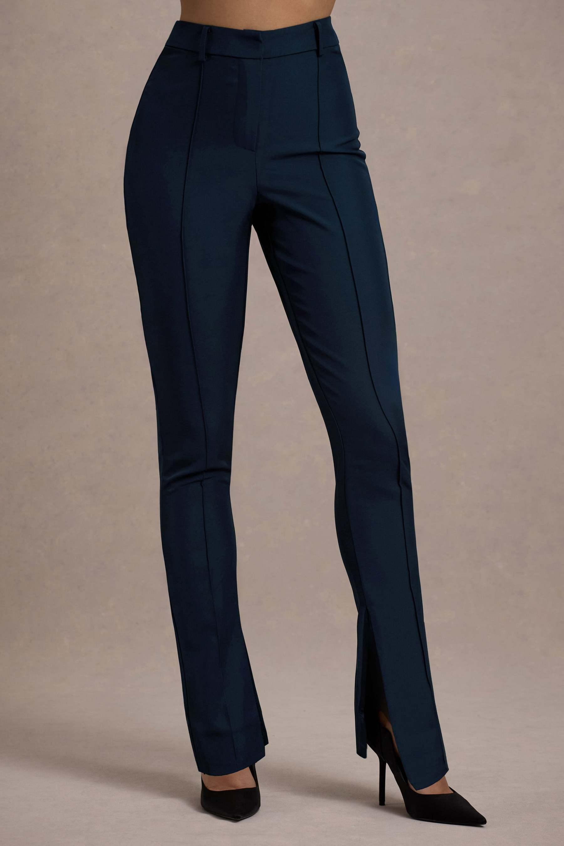 Navy High Waist Tailored Trousers With Hem Split