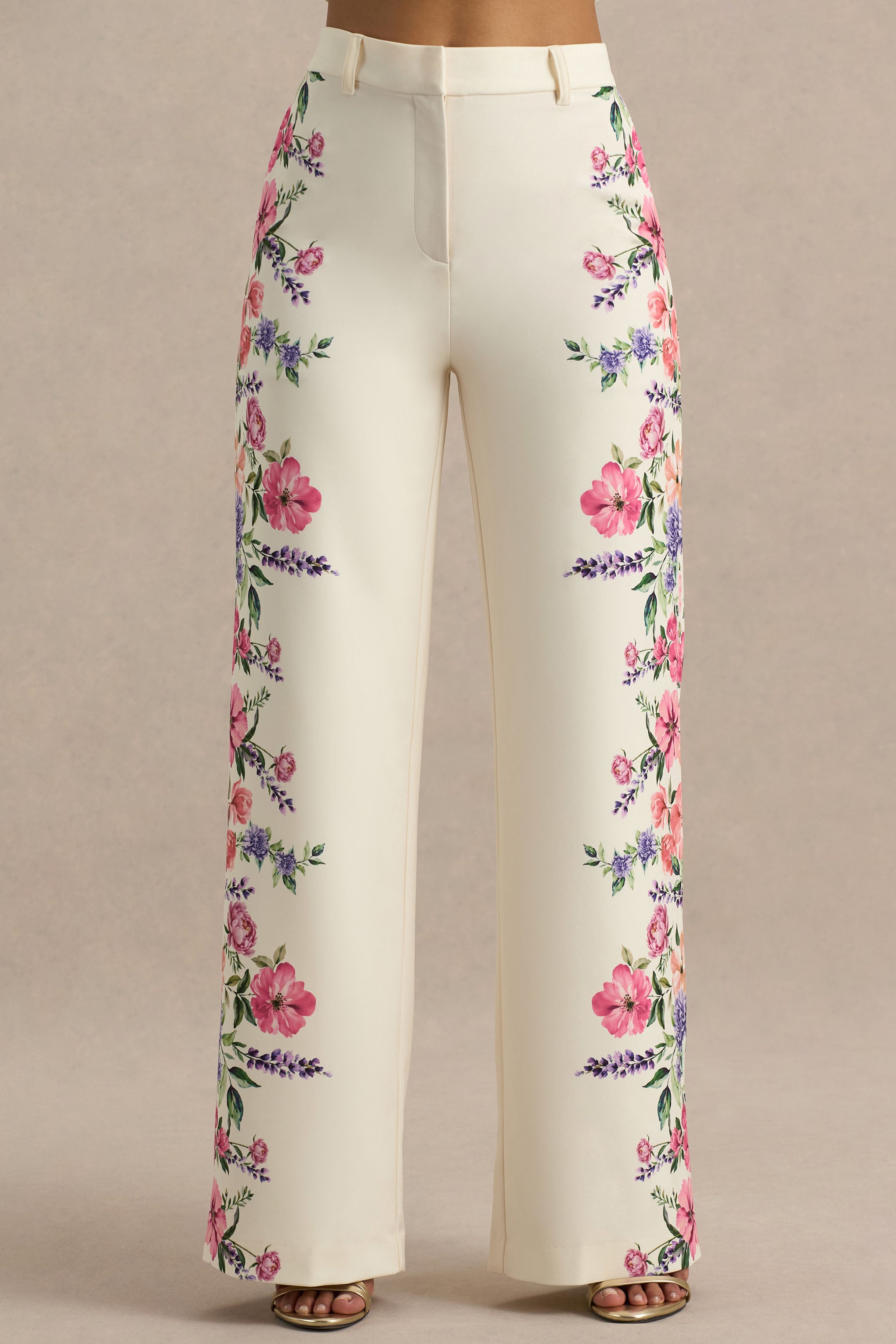 White Floral Border Print Wide-Leg Trousers