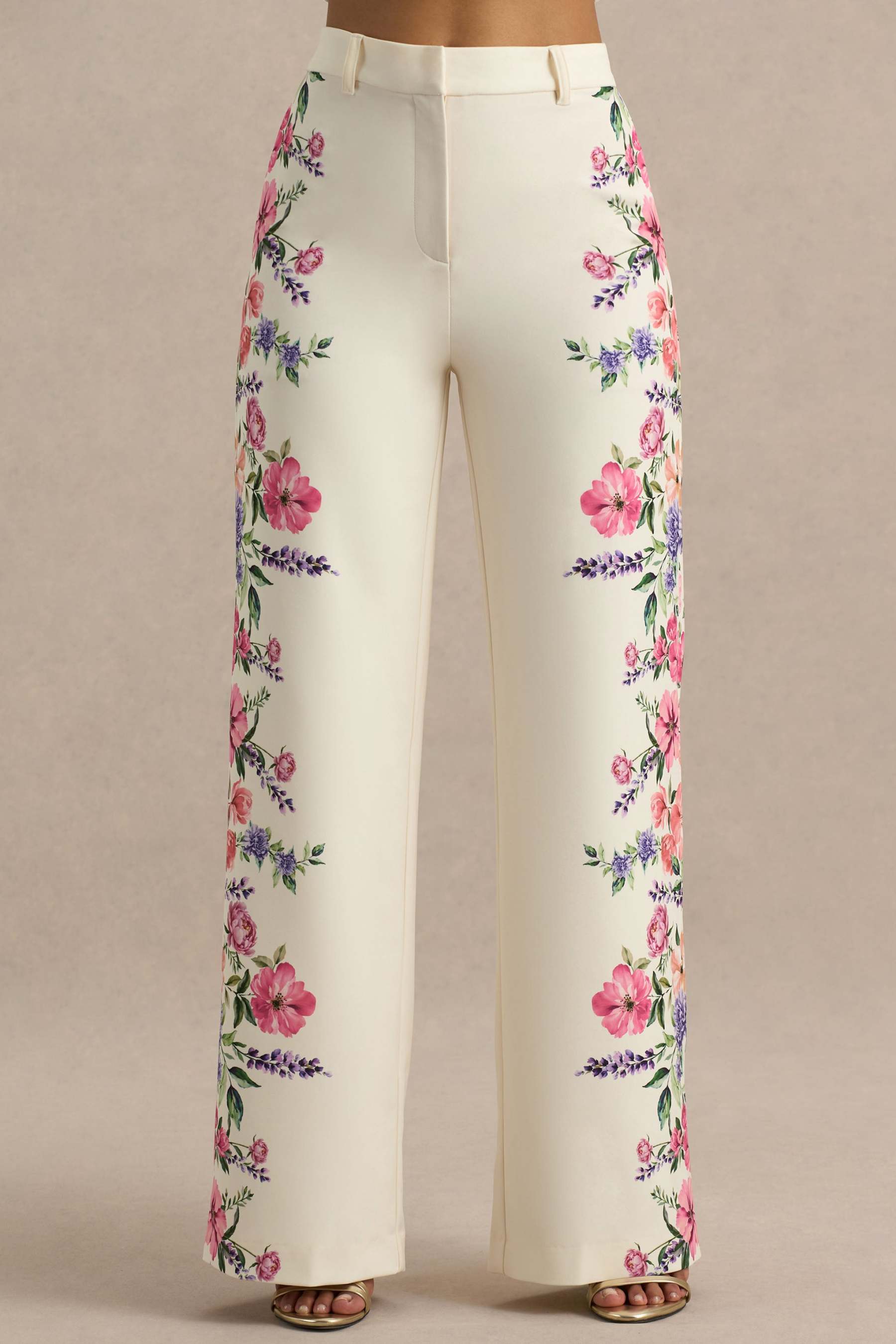 White Floral Border Print Wide-Leg Trousers