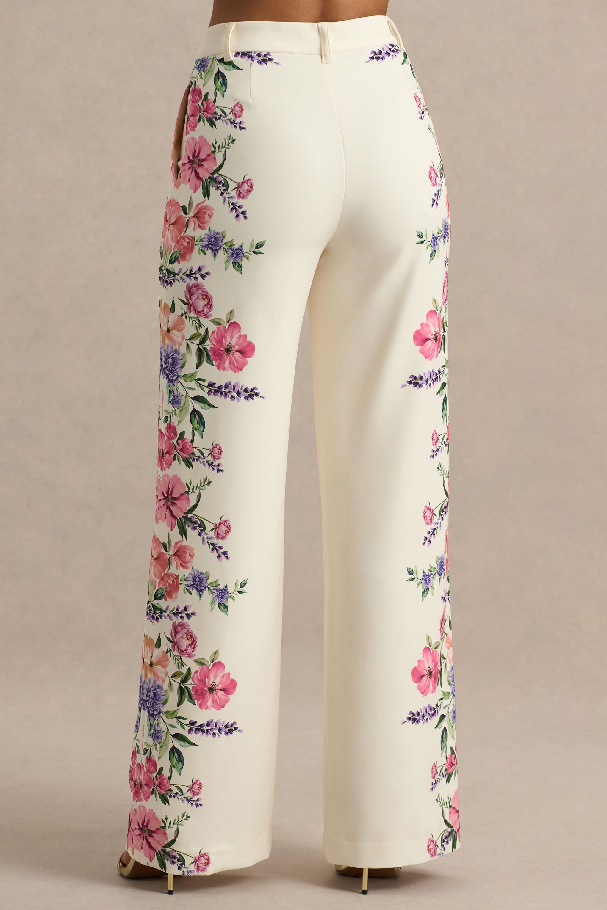 White Floral Border Print Wide-Leg Trousers
