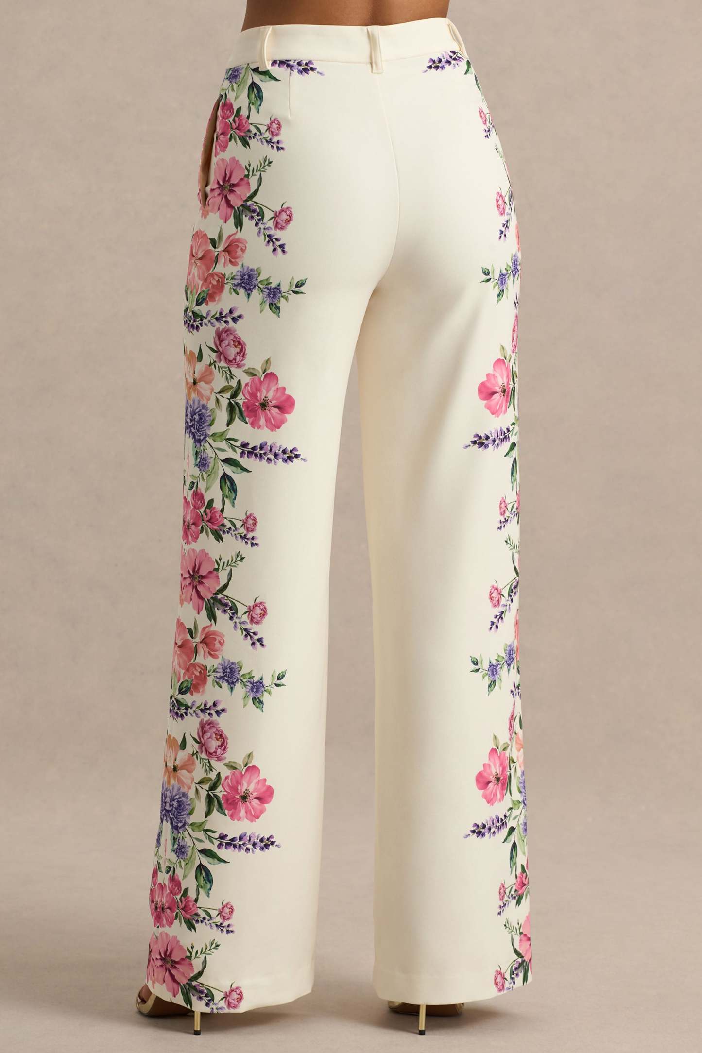 White Floral Border Print Wide-Leg Trousers