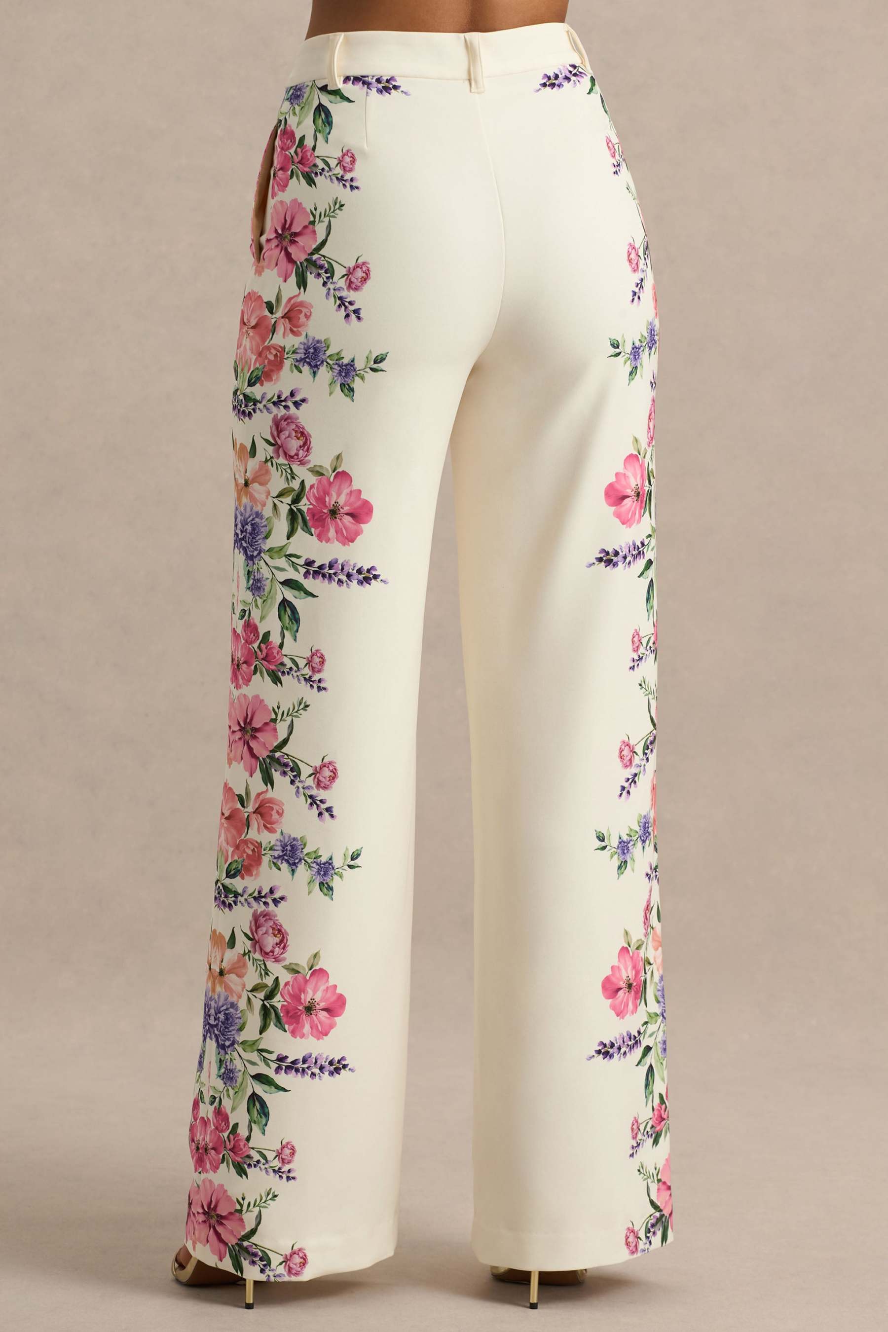 White Floral Border Print Wide-Leg Trousers