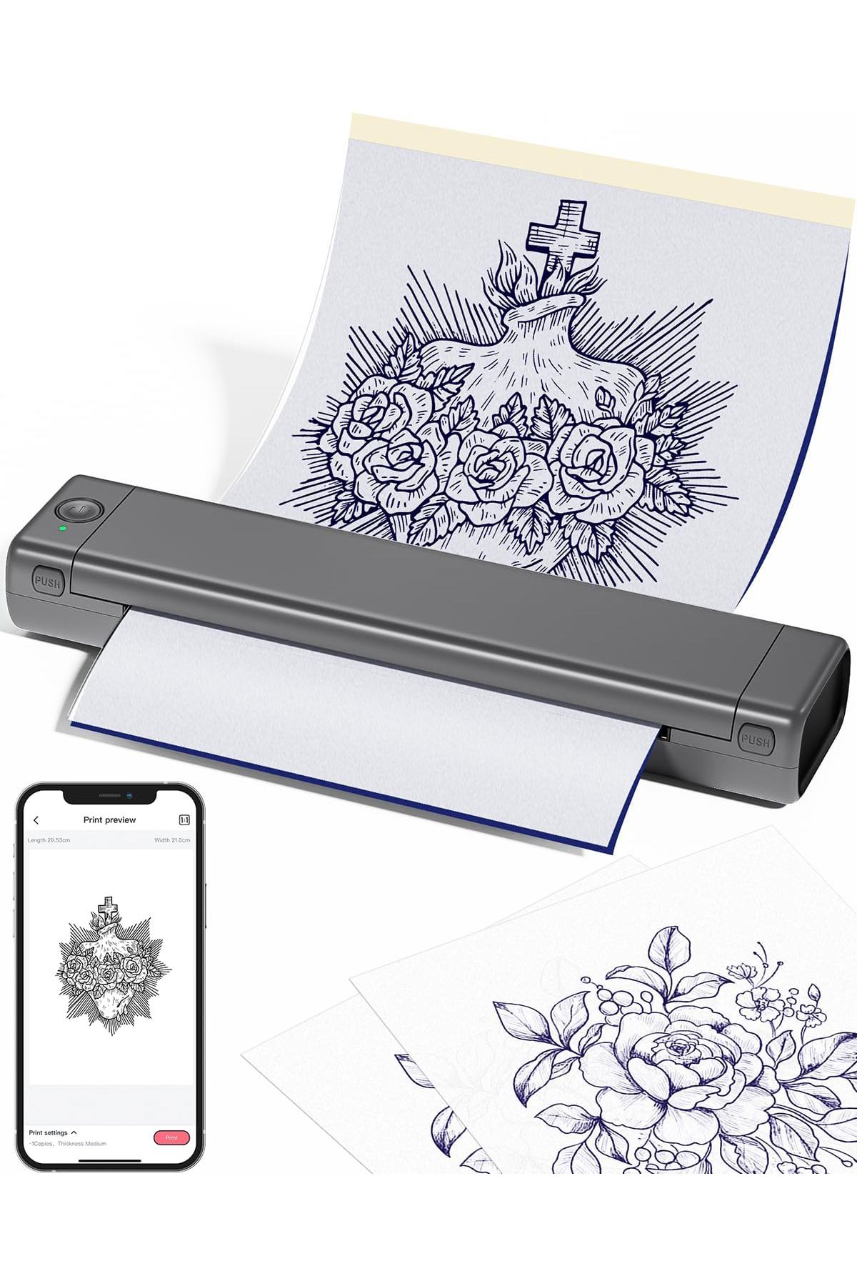 Phomemo M08F Bluetooth Tattoo Stencil Printer, Thermal Tattoo Machine with 10pcs Tattoo Transfer Paper, Portable Wireless Stencil Printer for Tattooing, Compatible with Smartphone & PC, Grey