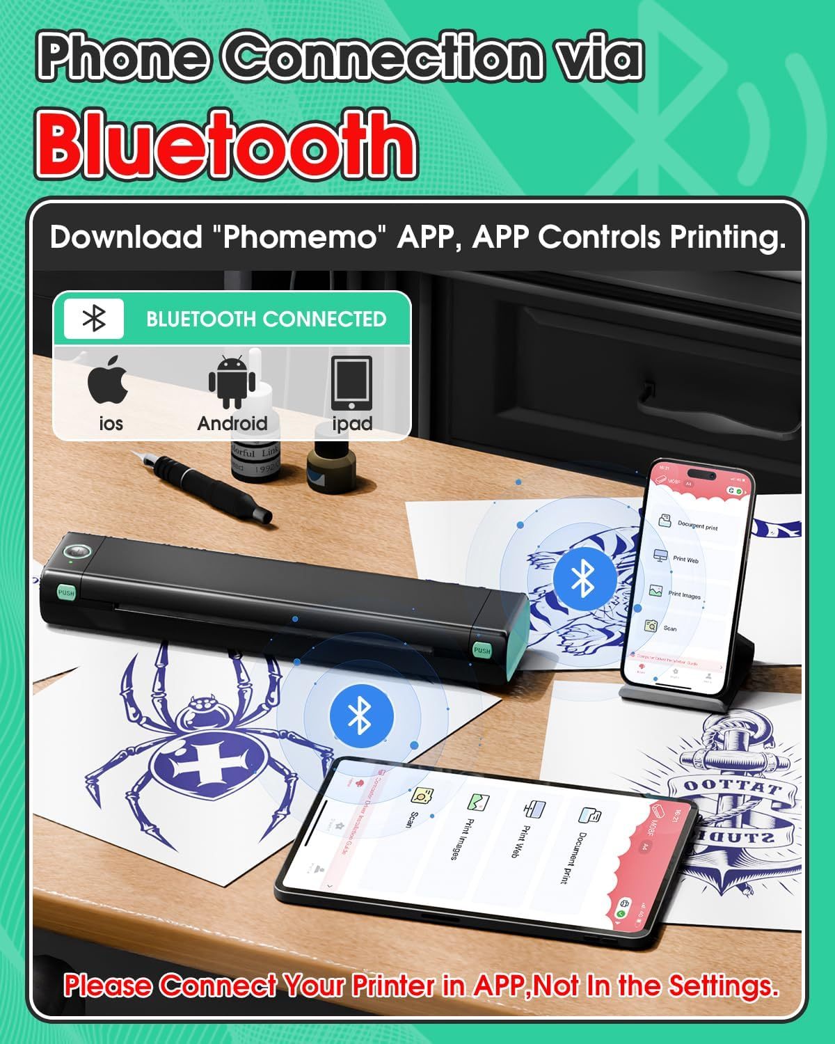 Phomemo M08F Wireless Tattoo Transfer Stencil Printer, Thermal Tattoo Machine with 10pcs Free Transfer Paper, Tattoo Printer Kit for Tattoo Artists & Beginners, Compatible with Smartphone & Pc