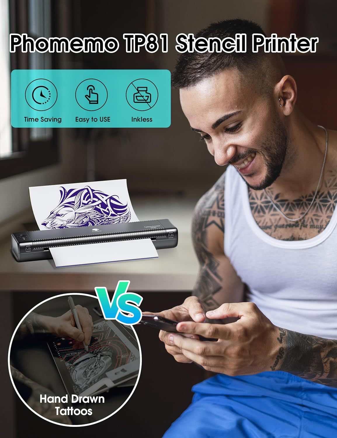 Phomemo TP81 (Upgraded) Wireless Tattoo Stencil Printer, Thermal Tattoo Printer with 10pcs Transfer Paper, Tattoo Printer for Tattoo Artists & Beginners, Compatible with Tablet,Smartphone & PC