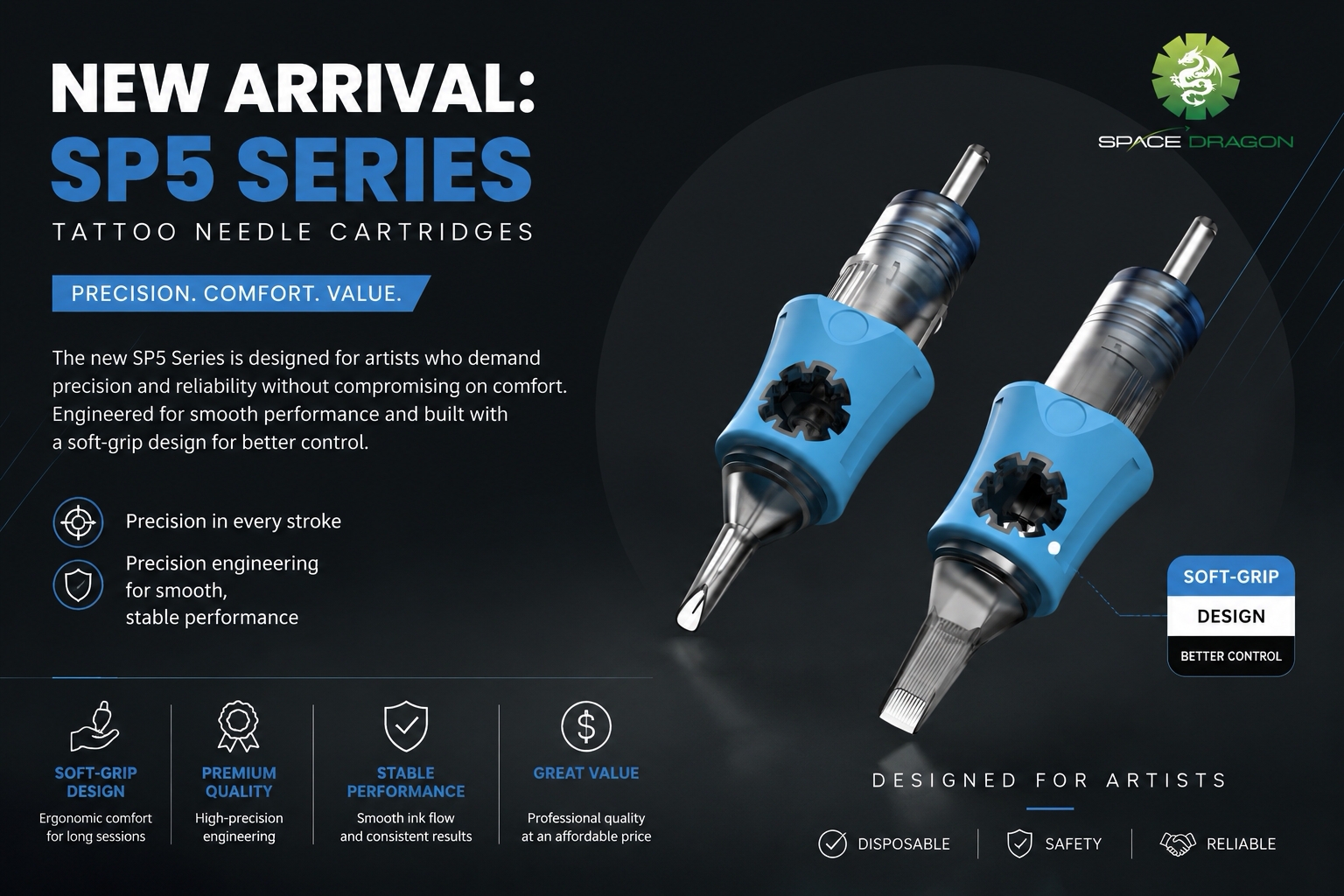 SP5 Series tattoo needle cartridges with ergonomic soft grip design by Spacedragon