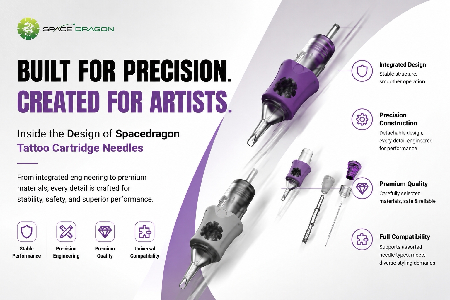Spacedragon professional tattoo cartridge needles design with stable performance and precision engineering
