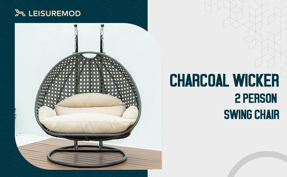 LeisureMod Charcoal Wicker Hanging 2 person Egg Swing Chair