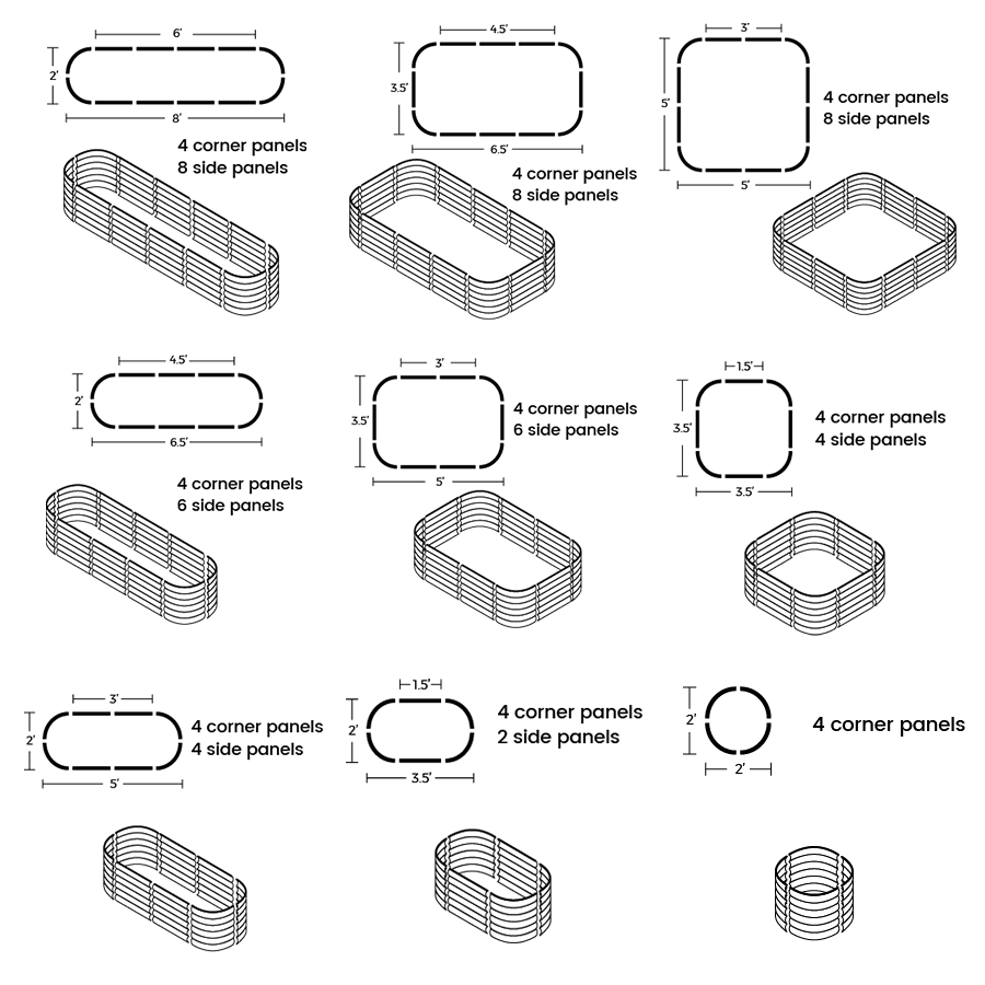 Illustrations vectors show nine assemblies of 17" tall planter boxes-Vegega