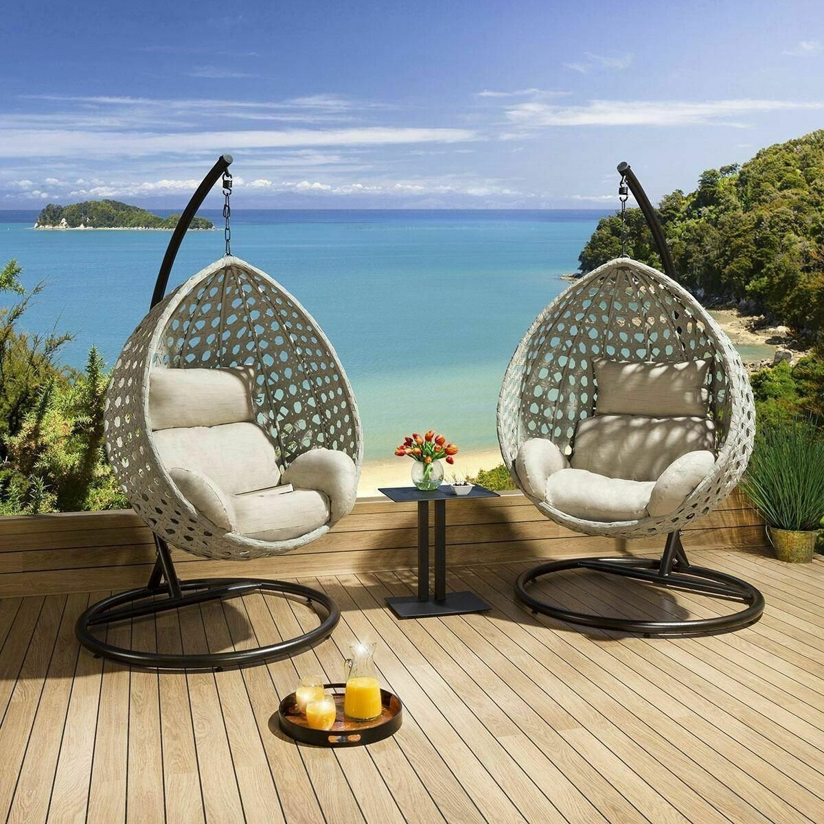 Luxury Extra Large Outdoor Hanging Pod Chairs Grey Rope Table