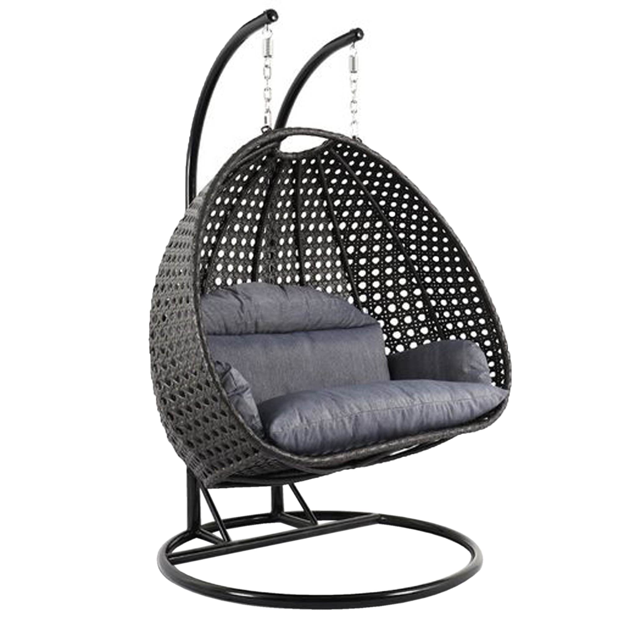 2-person wicker egg chair with black stand and UV-resistant cushion (b