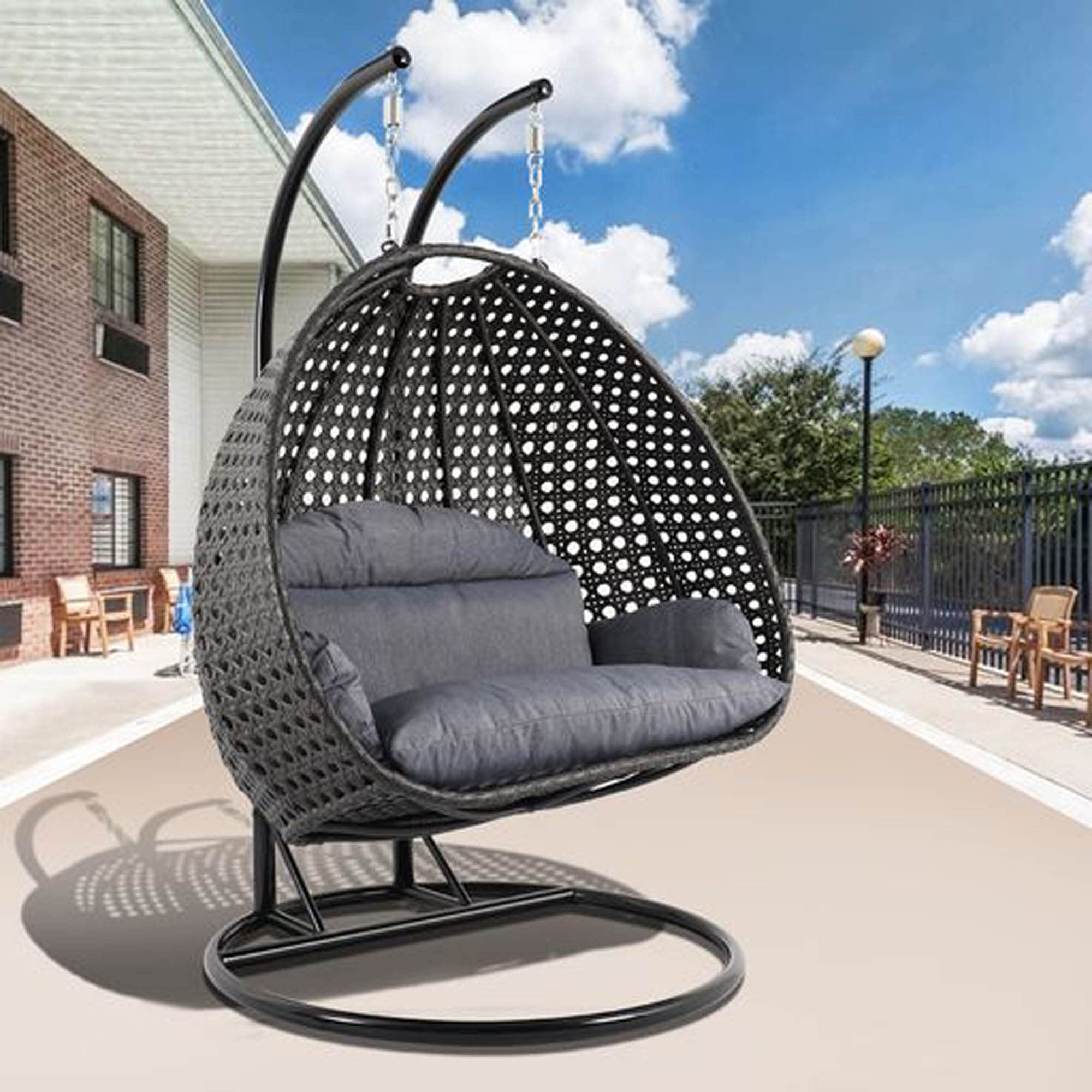  2-person wicker egg chair with black stand and UV-resistant cushion (beige)