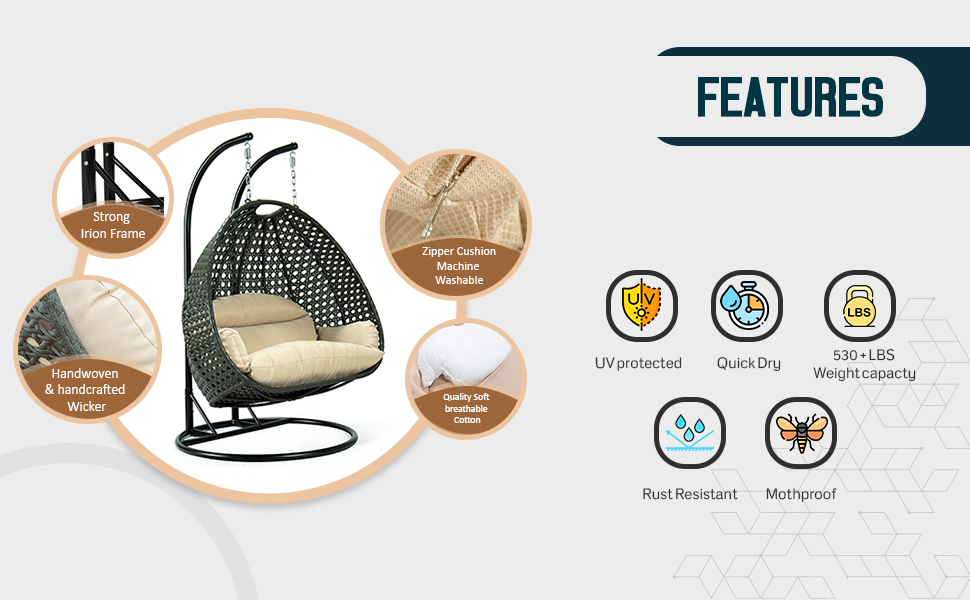 LeisureMod Charcoal Wicker Hanging 2 person Egg Swing Chair