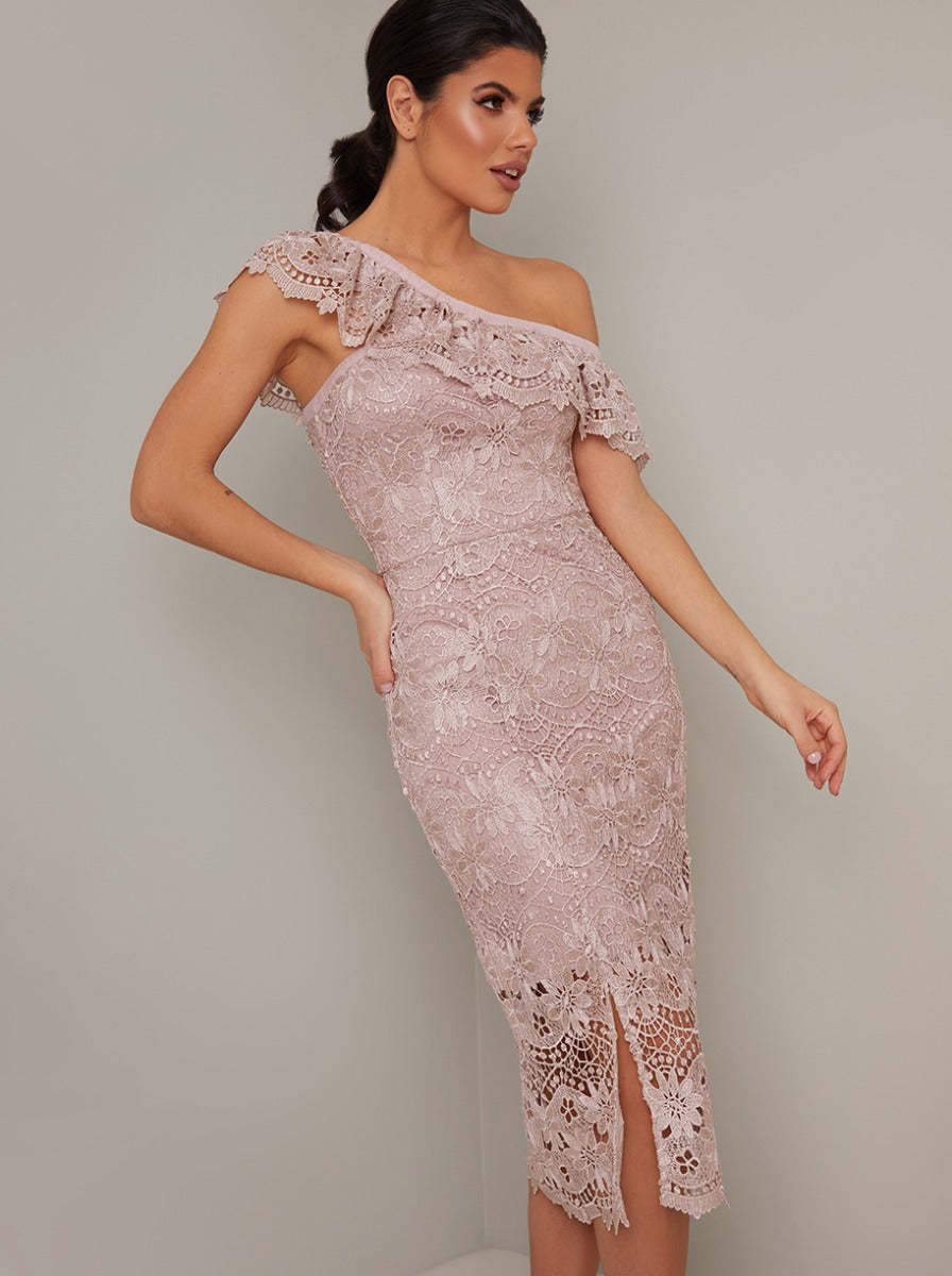 Cross Shoulder Detail Lace Crochet Midi Dress in Pink