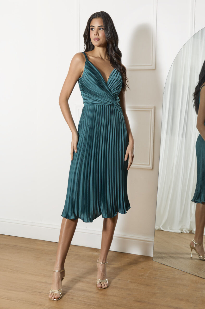 Satin Cami Pleated Midi Dress in Teal