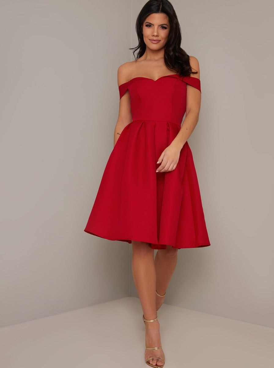 Bardot Box Pleat Skater Dress in Red