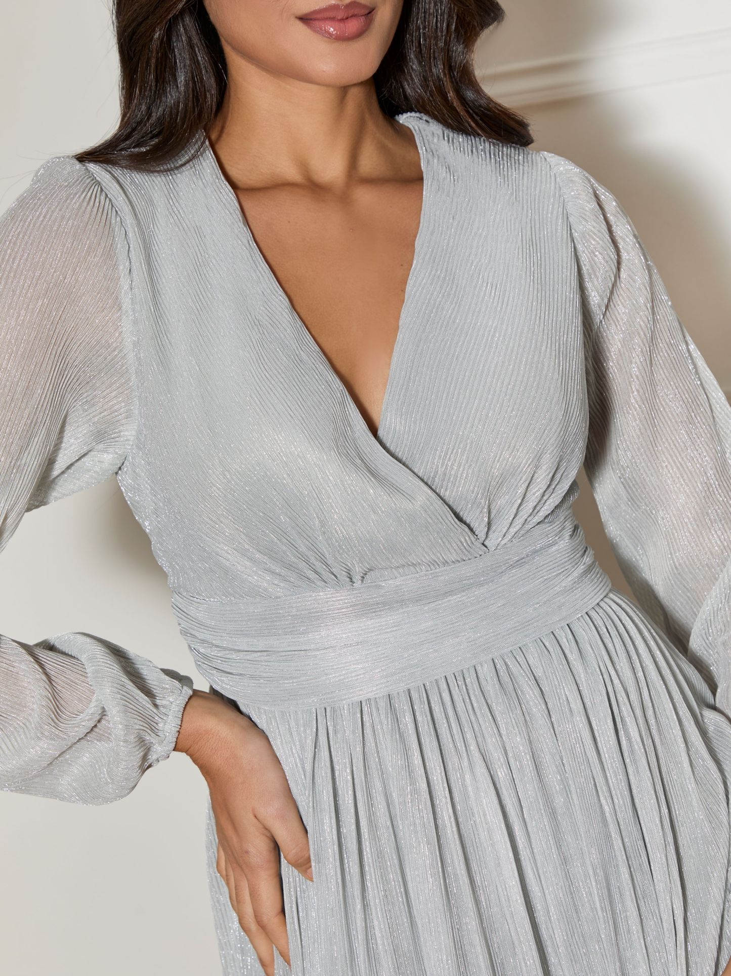 Long Sleeve Glitter Plisse Wrap Midi Dress in Silver