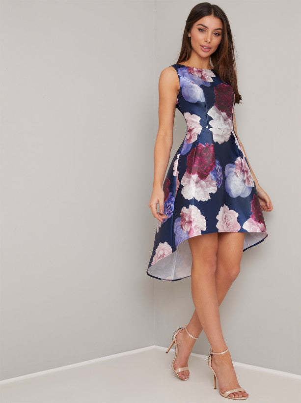 Floral Print Dip Hem Mini Dress in Blue