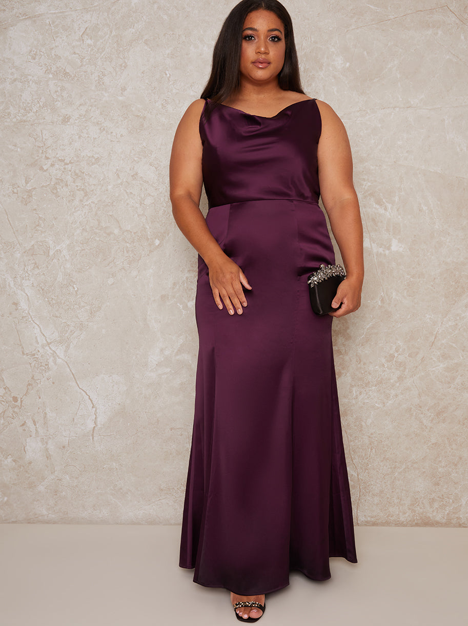 Plus Size Cowl Neck Satin Slip Maxi Dress in Purple