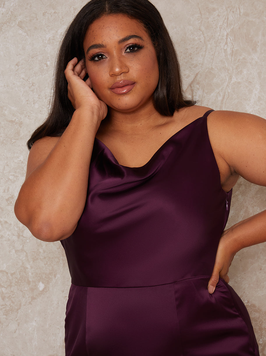 Plus Size Cowl Neck Satin Slip Maxi Dress in Purple