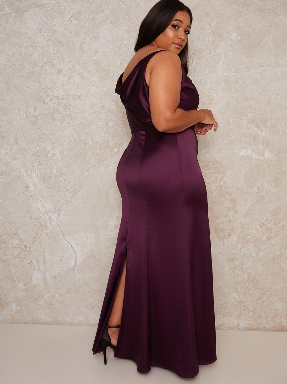 Plus Size Cowl Neck Satin Slip Maxi Dress in Purple Chi Chi London