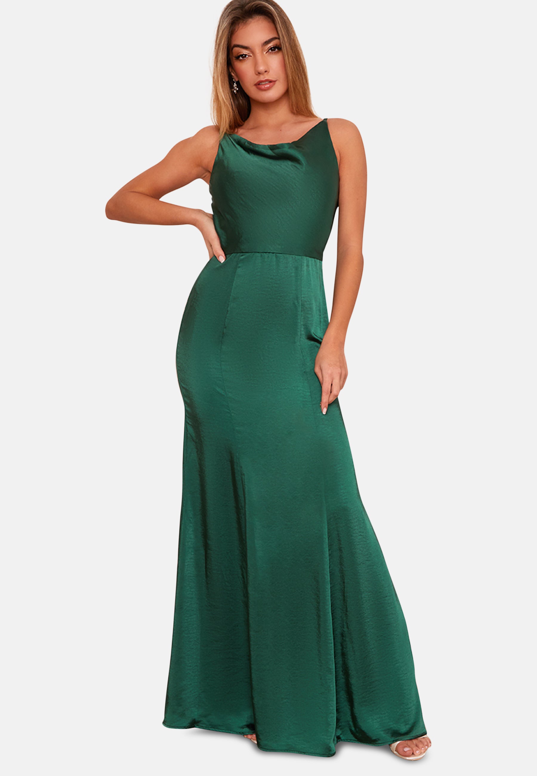 Cowl Neck Satin Slip Maxi Dress in Green