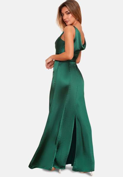 Cowl Neck Satin Slip Maxi Dress in Green Chi Chi London