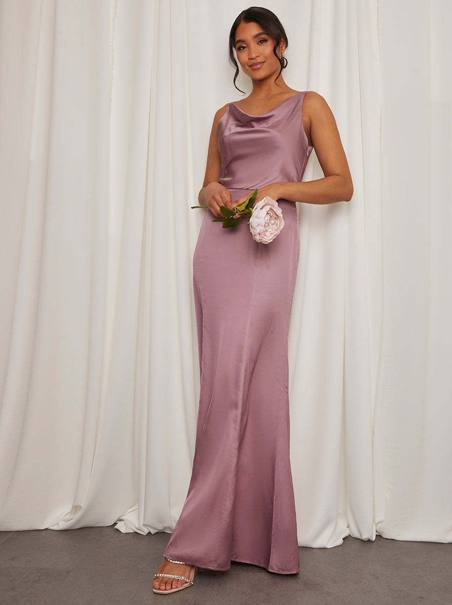 Cowl Neck Satin Slip Maxi Dress in Lilac