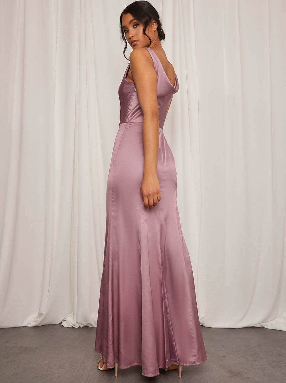 Cowl Neck Satin Slip Maxi Dress in Lilac
