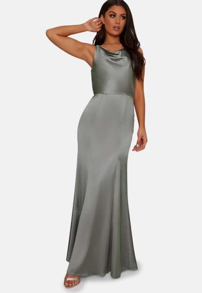 Cowl Neck Satin Slip Maxi Dress in Grey Chi Chi London