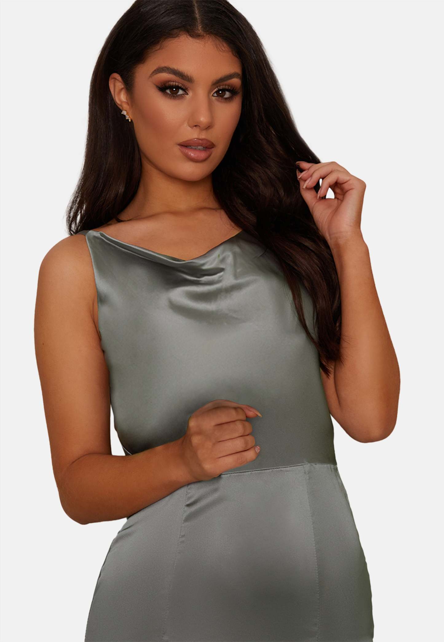 Cowl Neck Satin Slip Maxi Dress in Grey Chi Chi London