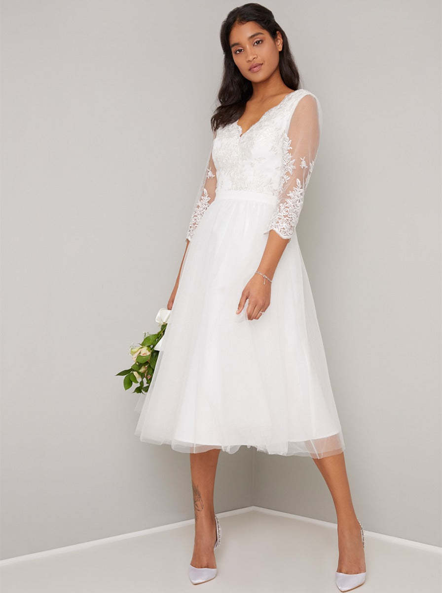 Floral Capped Sleeve Midi Bridal Dress in White