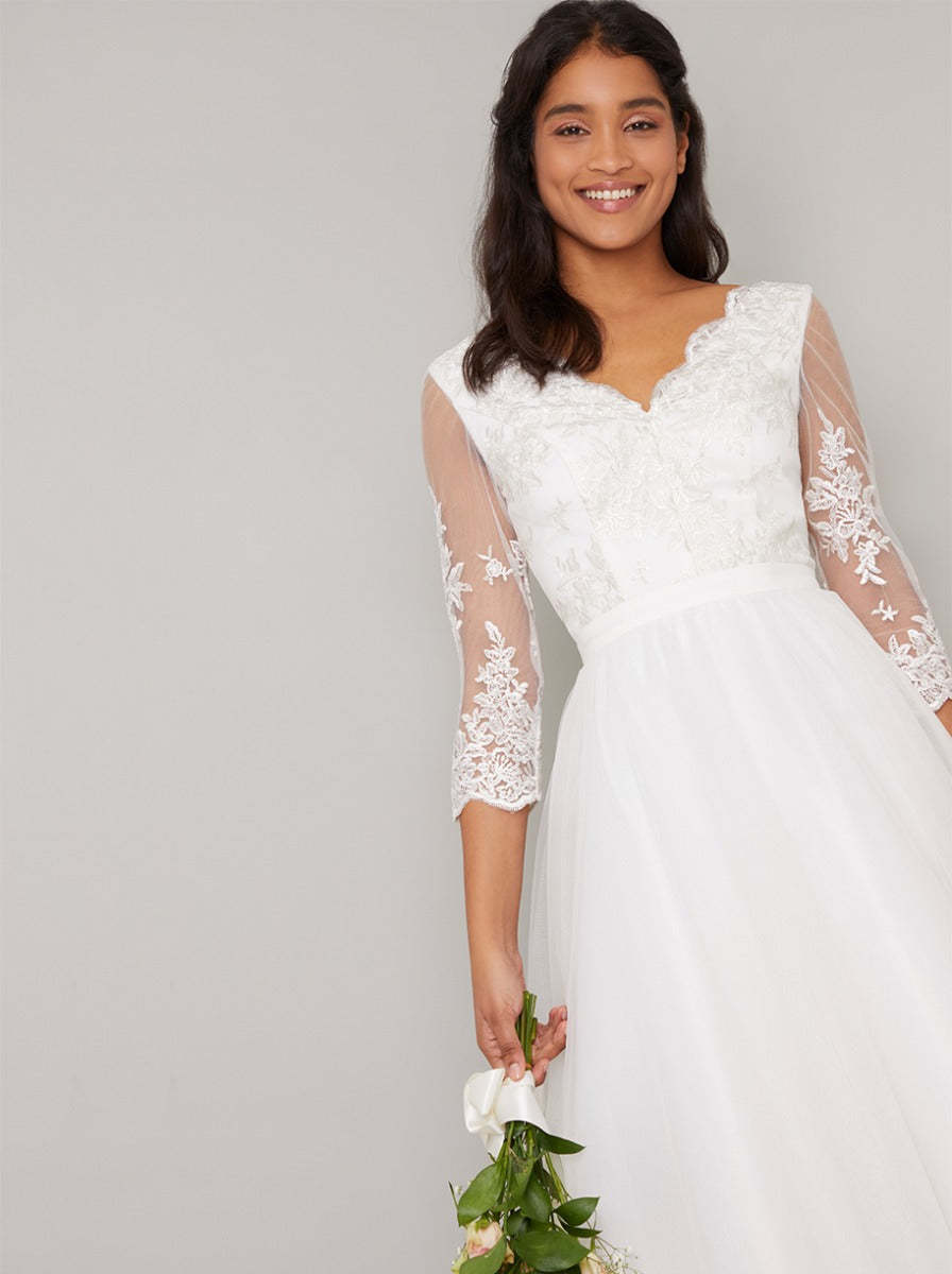 Floral Capped Sleeve Midi Bridal Dress in White