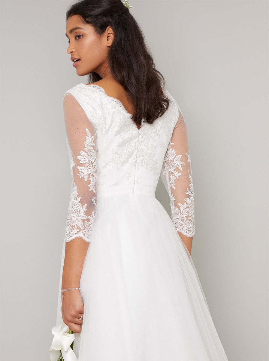 Floral Capped Sleeve Midi Bridal Dress in White