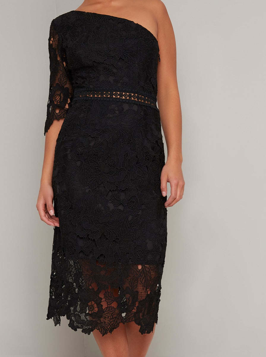 Petite Lace Bodycon One Shoulder Midi Dress in Black