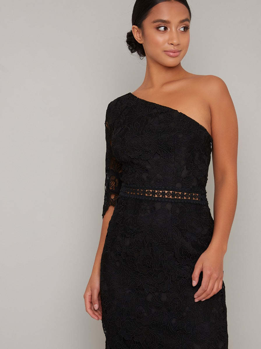 Petite Lace Bodycon One Shoulder Midi Dress in Black