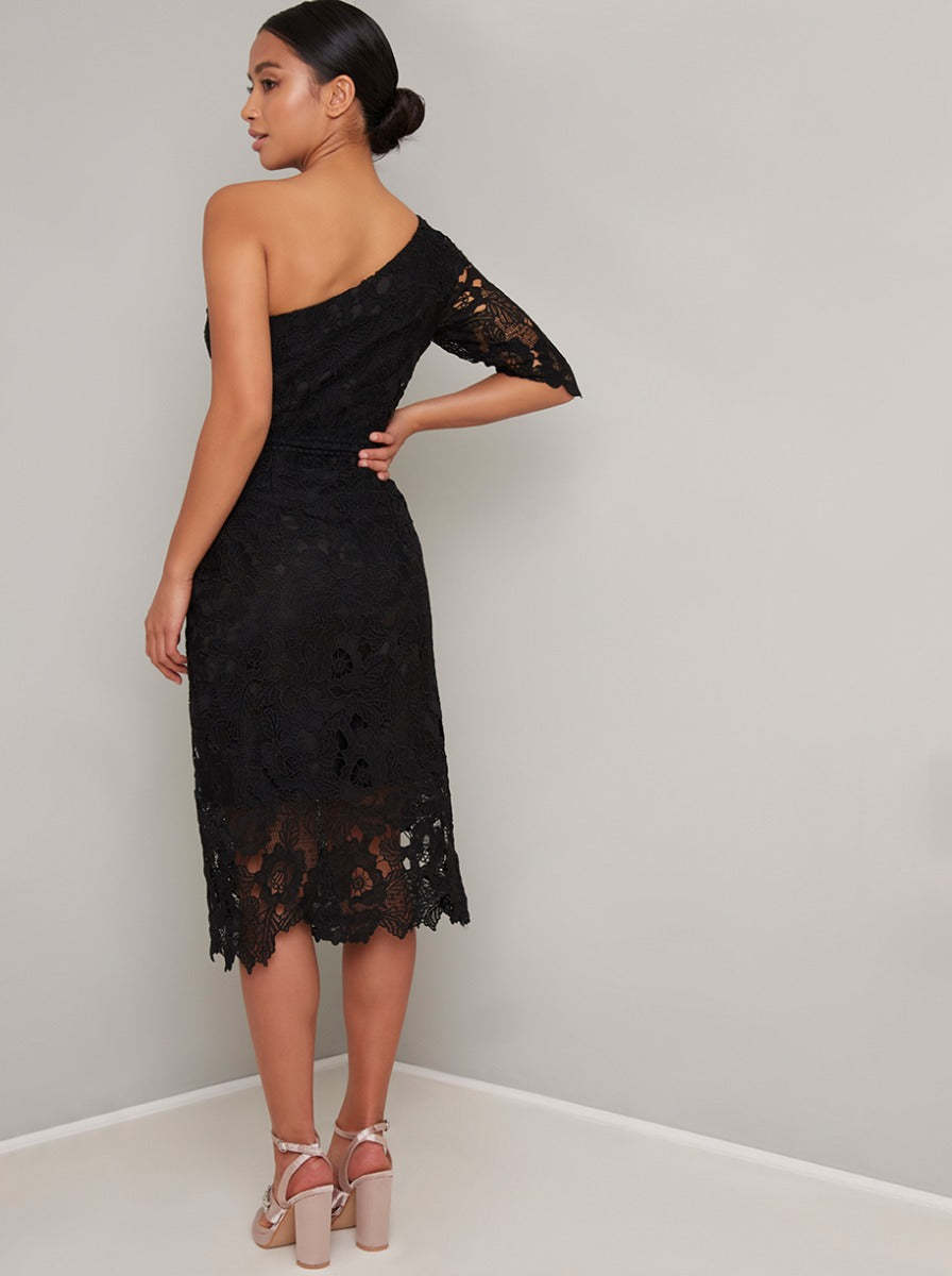 Petite Lace Bodycon One Shoulder Midi Dress in Black