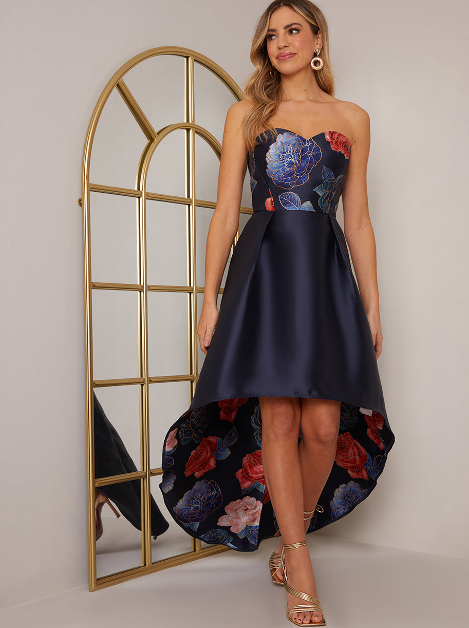 Strapless Dip Hem Floral Dress in Navy