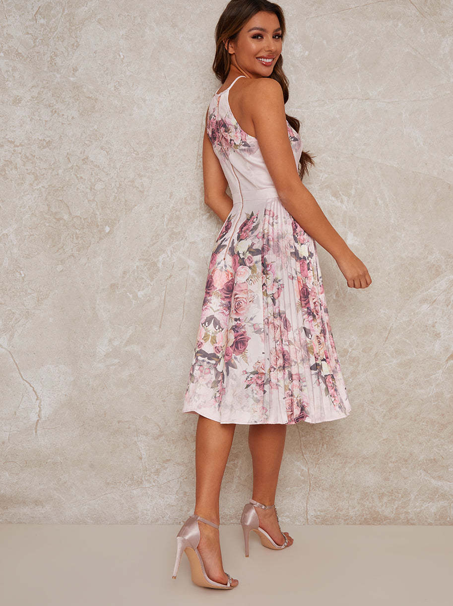 Pleated Midi Dress with Floral Print Design in Pink