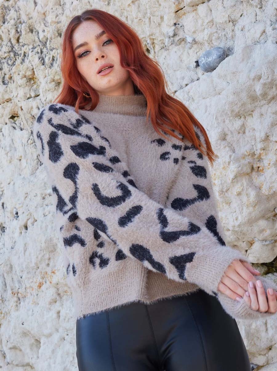 High Neck Animal Print Jumper in Cream