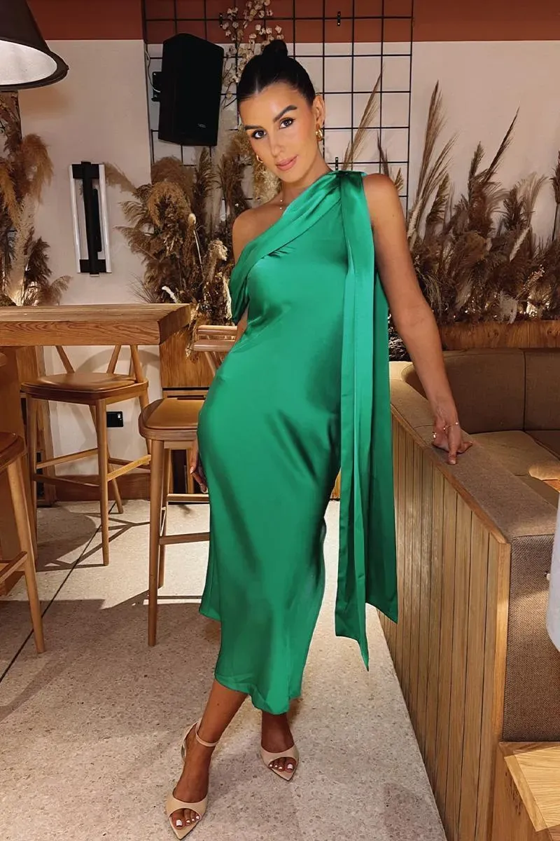 In The Style Green Satin Asymmetric Neckline Midi Dress