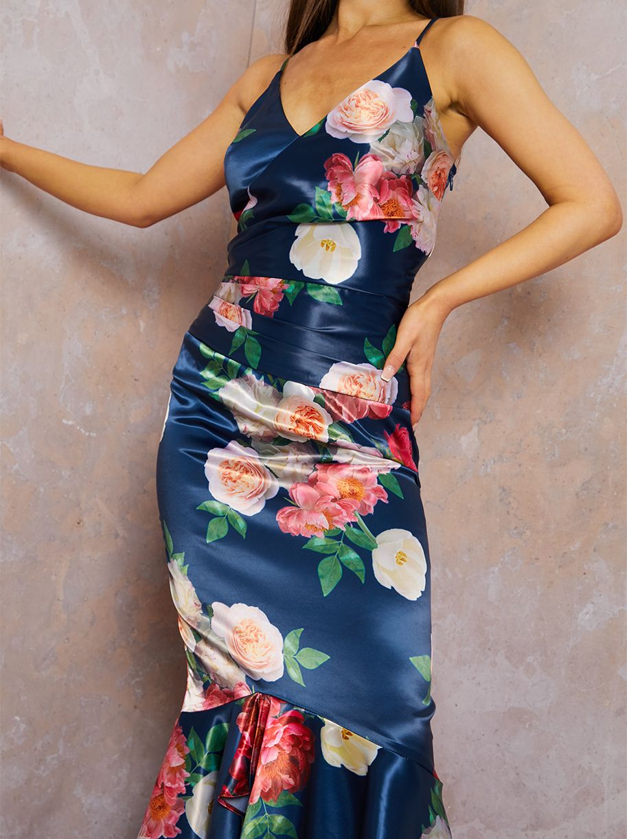 Sleeveless Floral Print Midi Dress in Navy