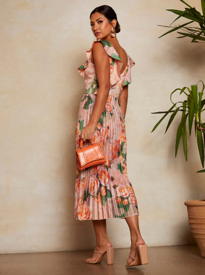 Floral Print Ruffle Pleated Midi Dress in Pink
