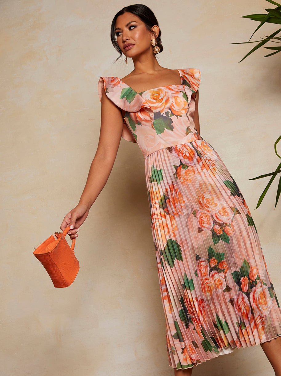 Floral Print Ruffle Pleated Midi Dress in Pink