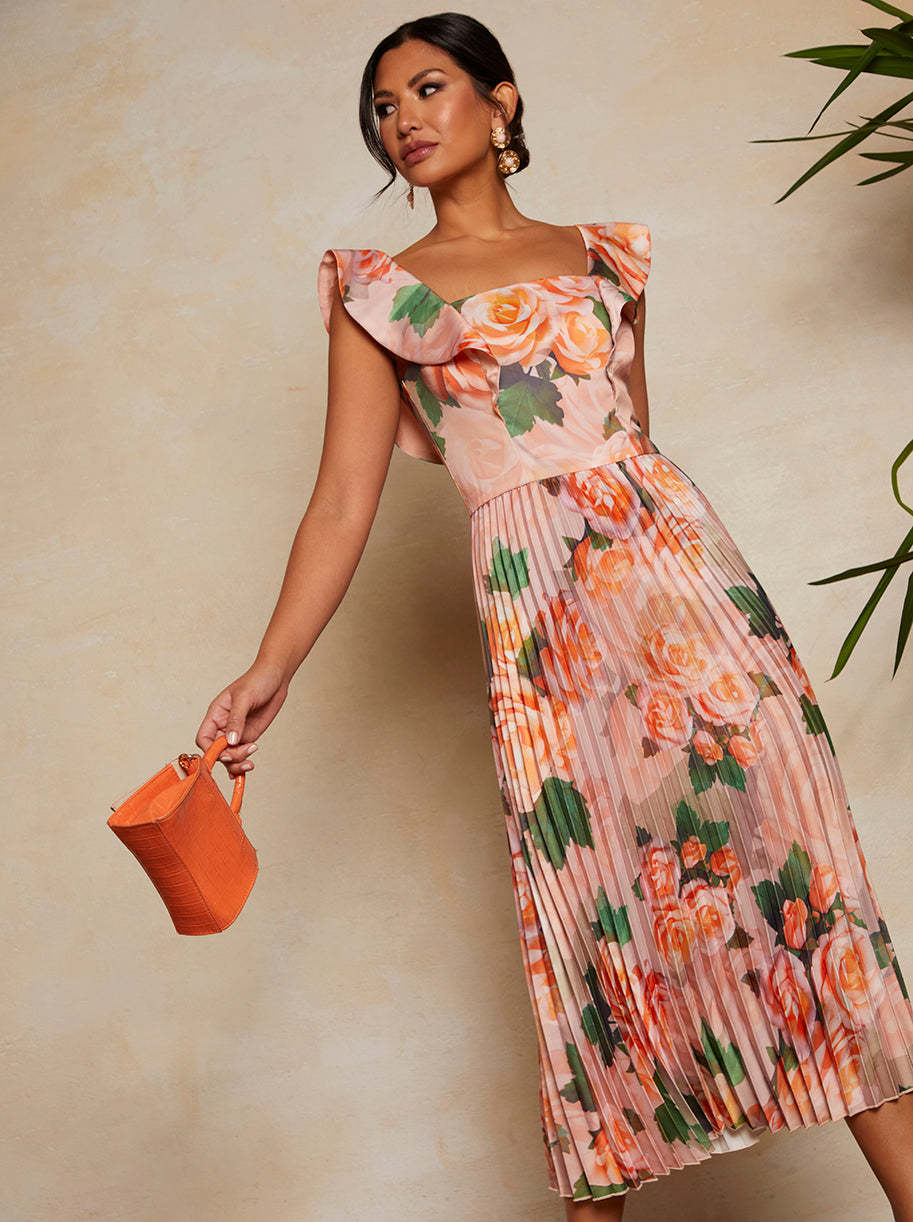 Floral Print Ruffle Pleated Midi Dress in Pink