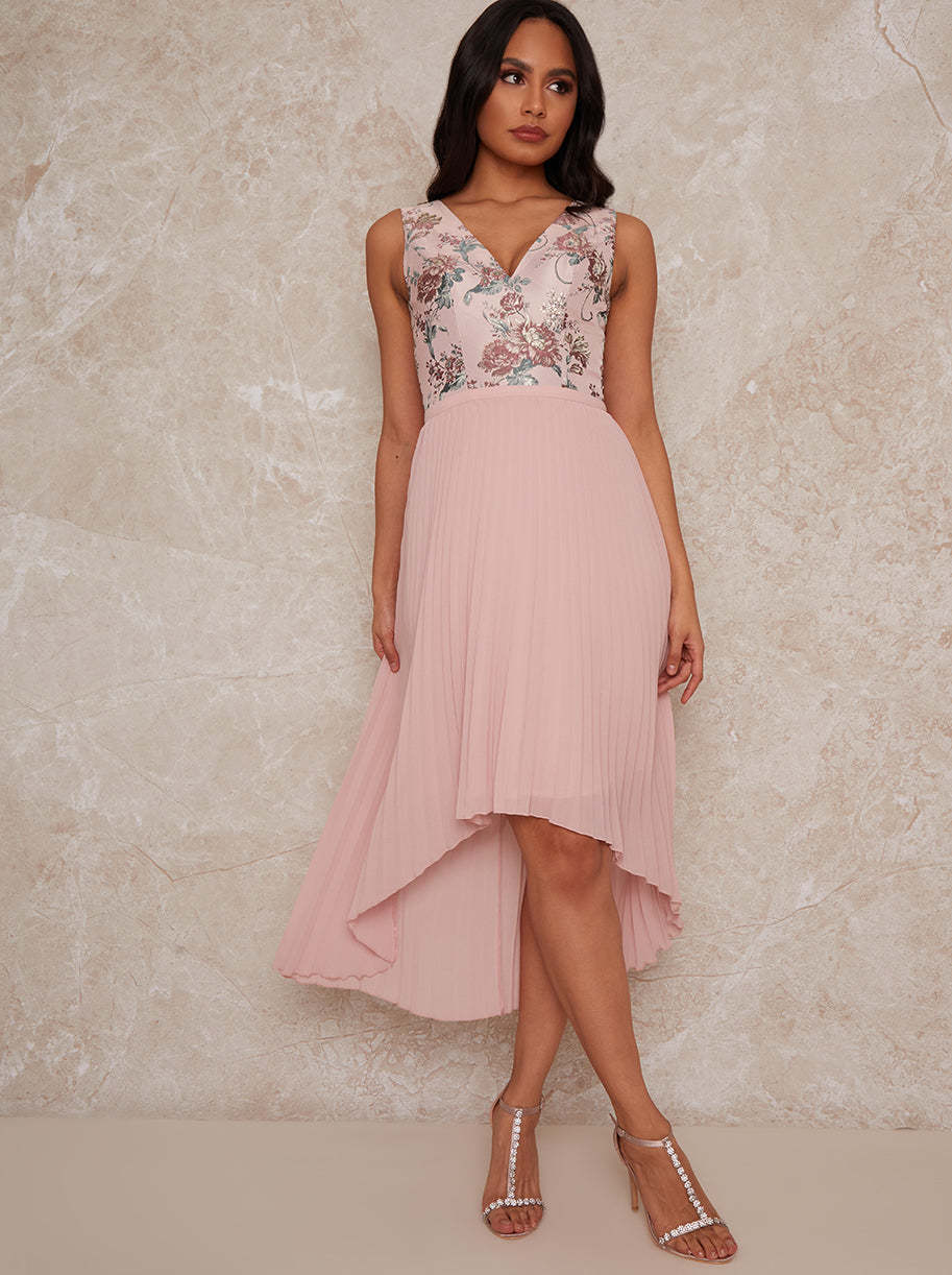 Sleeveless Floral Jacquard Dip Hem Midi Dress in Pink