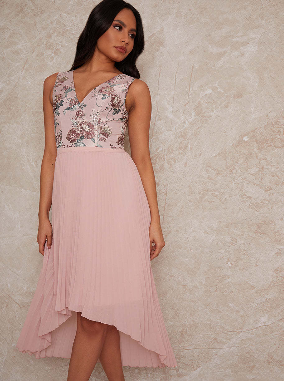 Sleeveless Floral Jacquard Dip Hem Midi Dress in Pink
