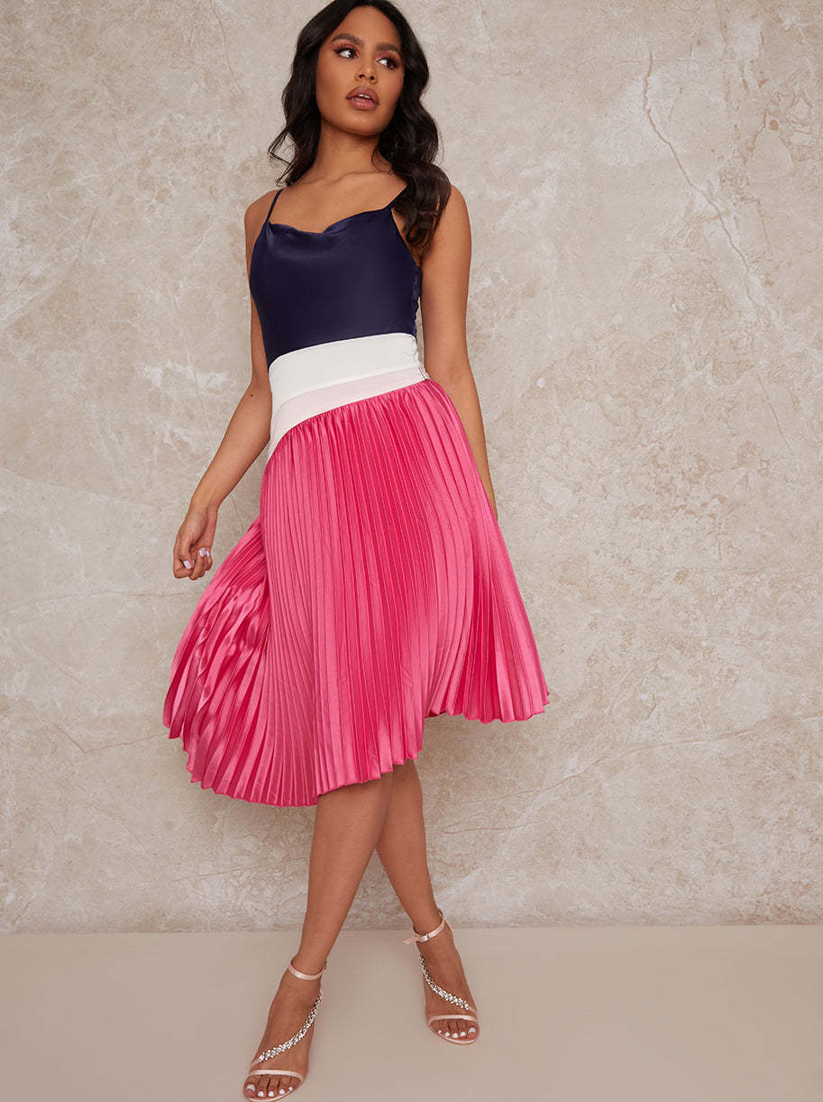 Satin Pleated Midi Cami Dress in Multi