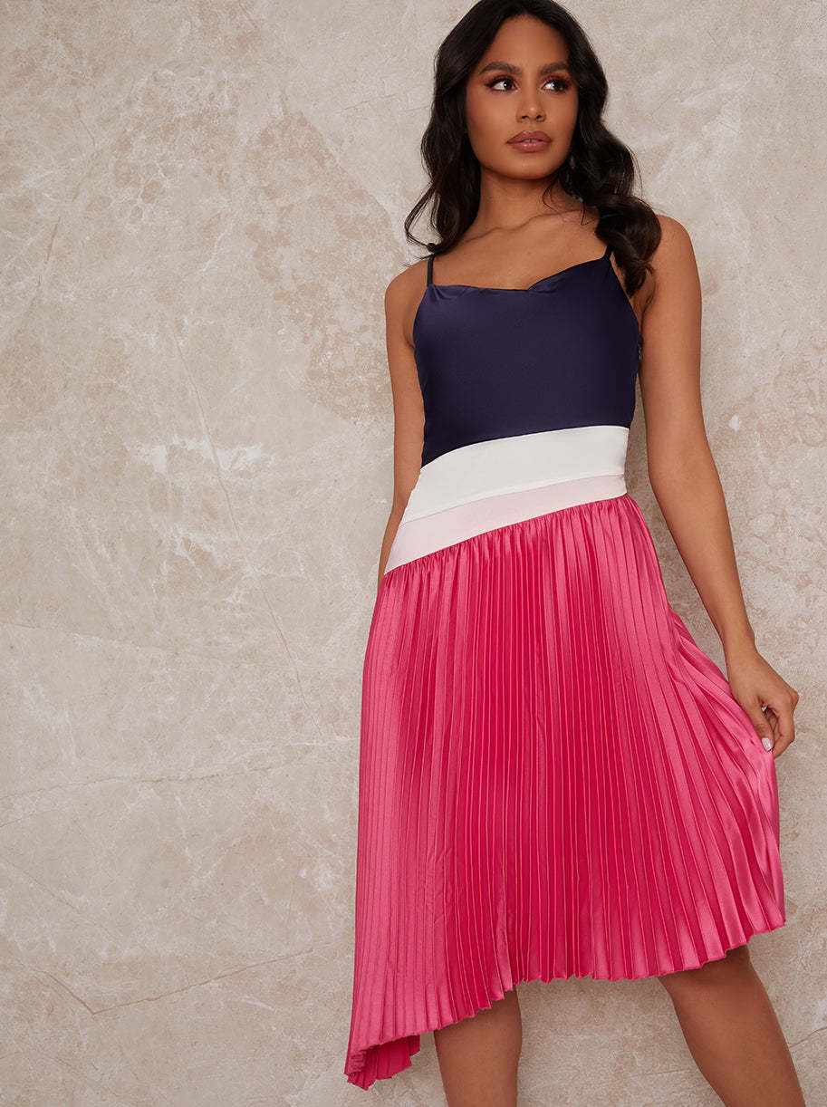 Satin Pleated Midi Cami Dress in Multi